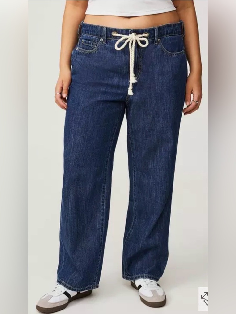 Torrid Dark Wash Wide Leg Jeans with rope-like drawstring.